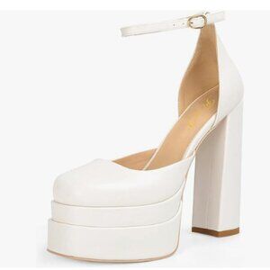 FOWT White Thick Platform Square Toe Pump Sexy Chunky High Heel Ankle Strap Shoe